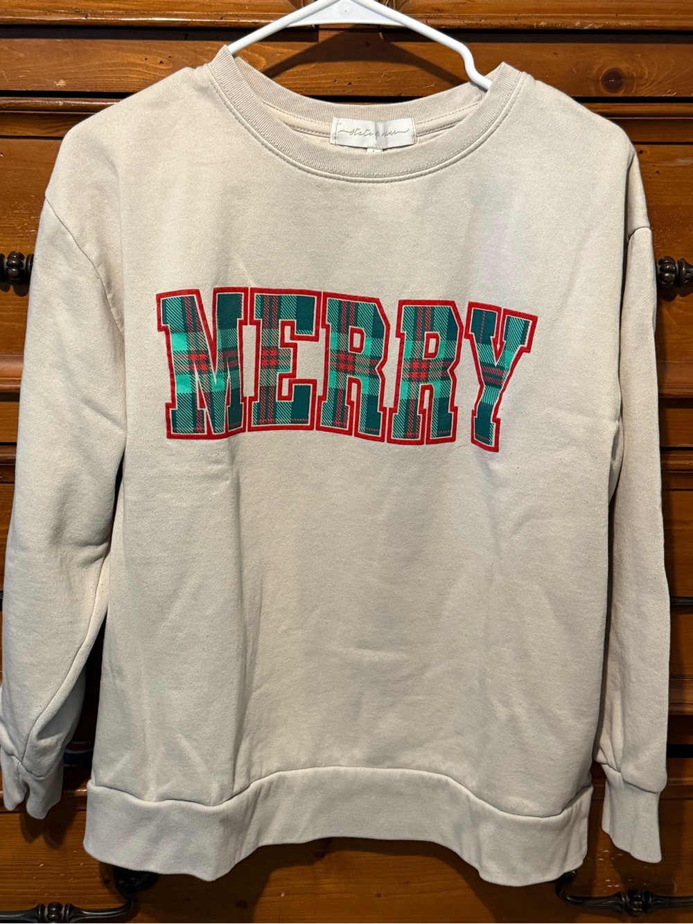 State of Mine Merry Plaid Graphic Crewneck Sweater - Cream size L